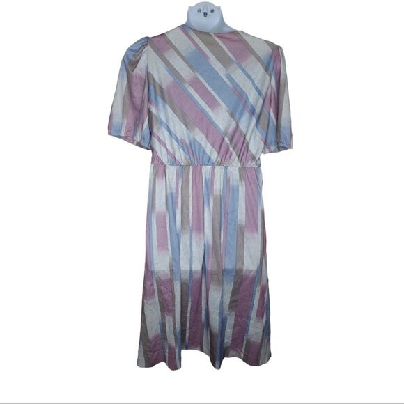 VINTAGE 70s striped short sleeve fit and flare midi day dress M - Picture 3 of 16